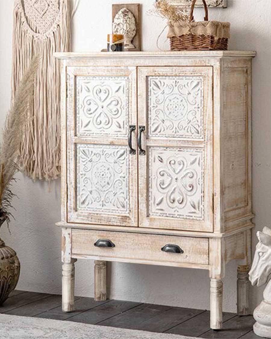 Mala - Buffet haut 2 portes en bois de manguier massif sculpté 85 cm - UNIQKA - Imagen 2