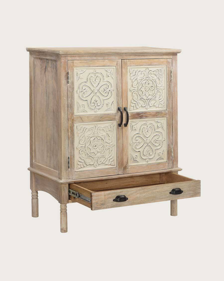 Mala - Buffet haut 2 portes en bois de manguier massif sculpté 85 cm - UNIQKA - Imagen 3