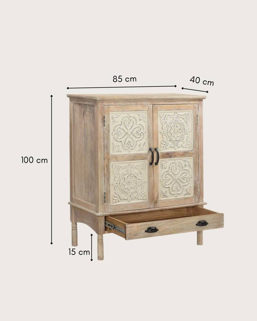 Mala - Buffet haut 2 portes en bois de manguier massif sculpté 85 cm - UNIQKA - Imagen 9