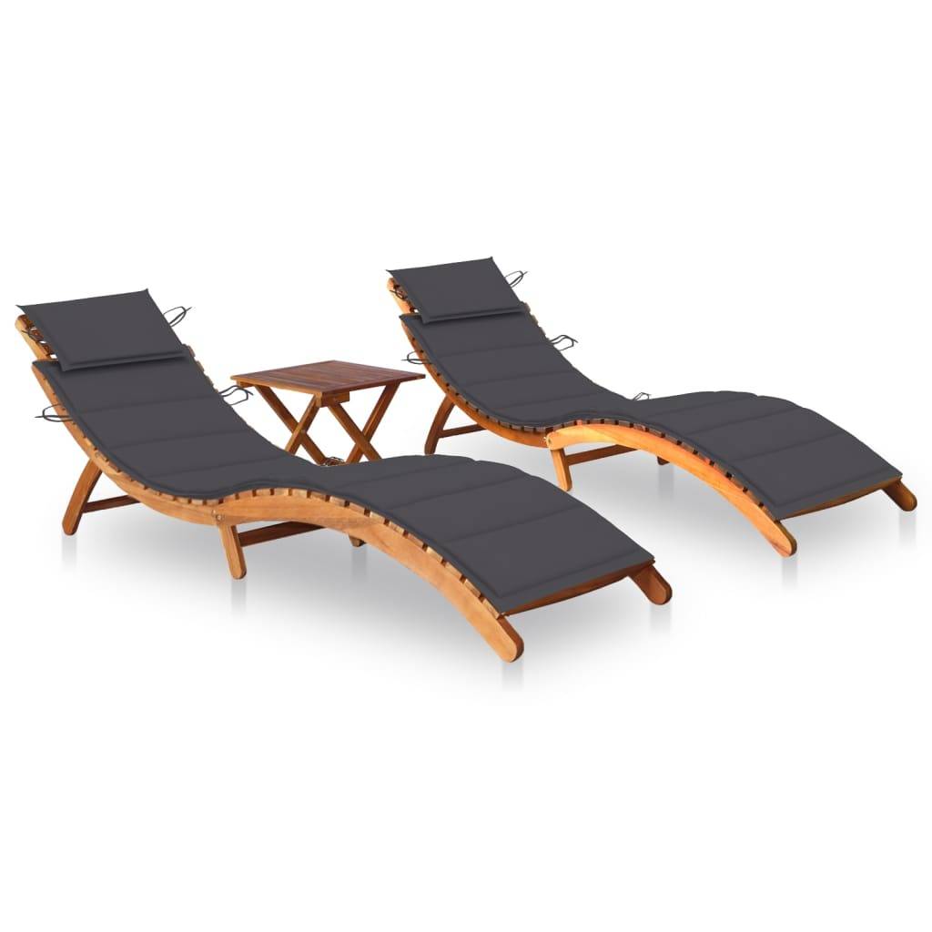 Helloshop26 - Lot de 2 transats chaise longue bain de soleil lit de jardin terrasse meuble d'extérieur avec table et coussins acacia solide - Imagen 1