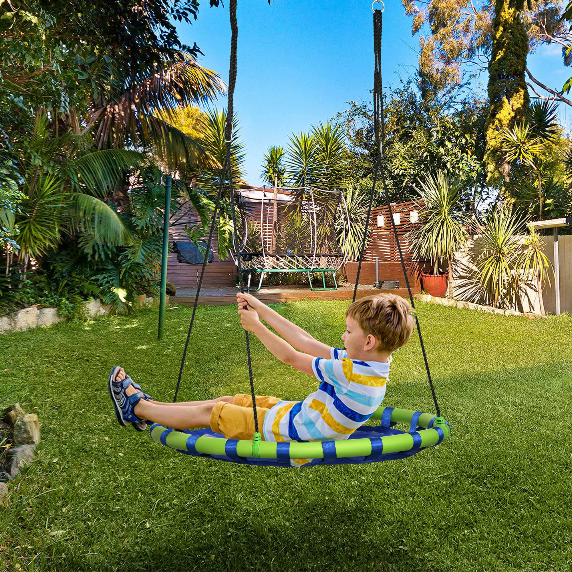 Balançoire nid bleu et vert hauteur ajustable Ø100 × 120–180 cm fixation arbre enfants dès 3 ans - Image 3