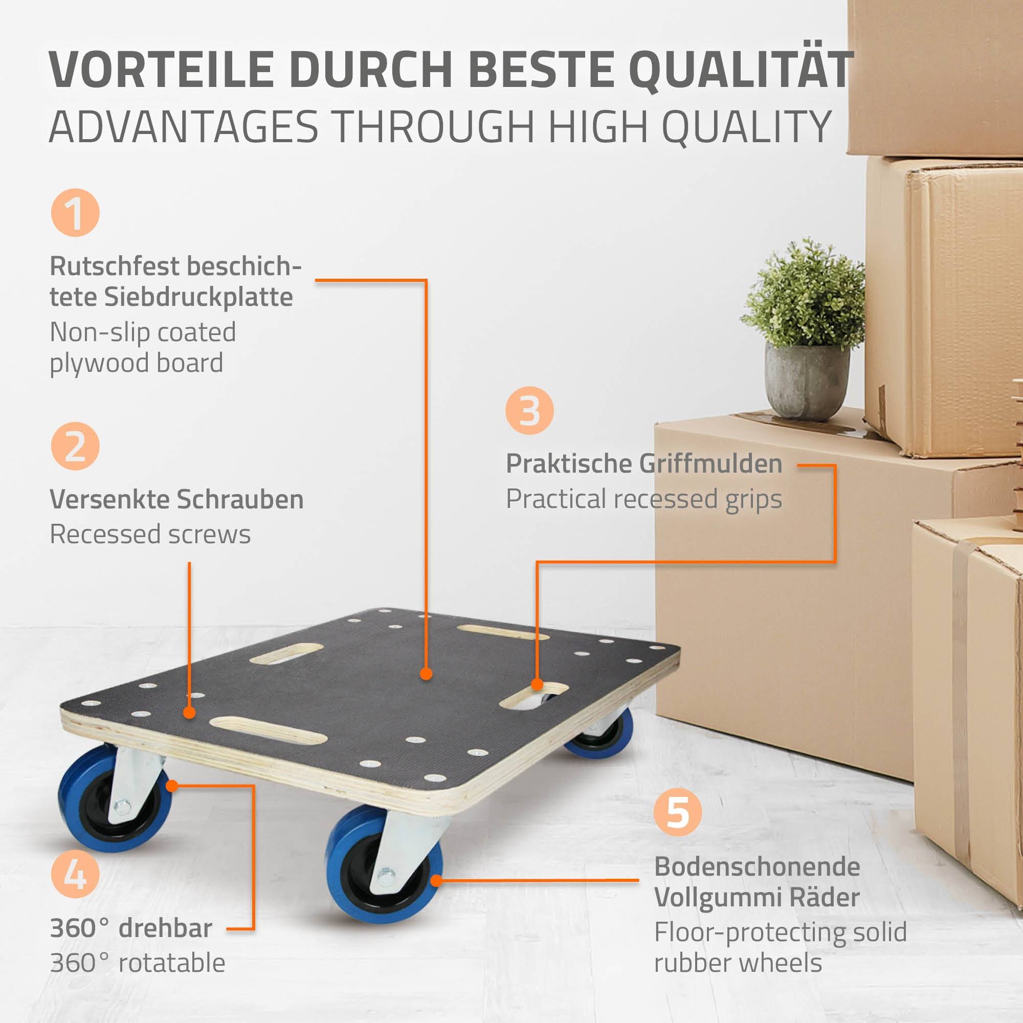 Ecd-Germany - Lot de 2 chariots de transport 40x60 cm capacité 800 kg plateau contreplaqué surface antidérapante roulettes en PP idéal pour meubles et déménagement - Imagen 3