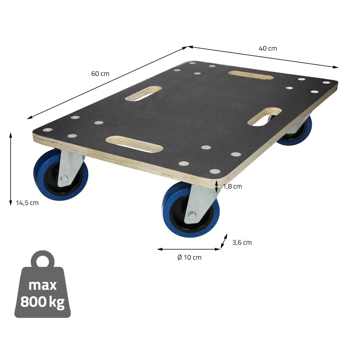 Ecd-Germany - Lot de 2 chariots de transport 40x60 cm capacité 800 kg plateau contreplaqué surface antidérapante roulettes en PP idéal pour meubles et déménagement - Imagen 7