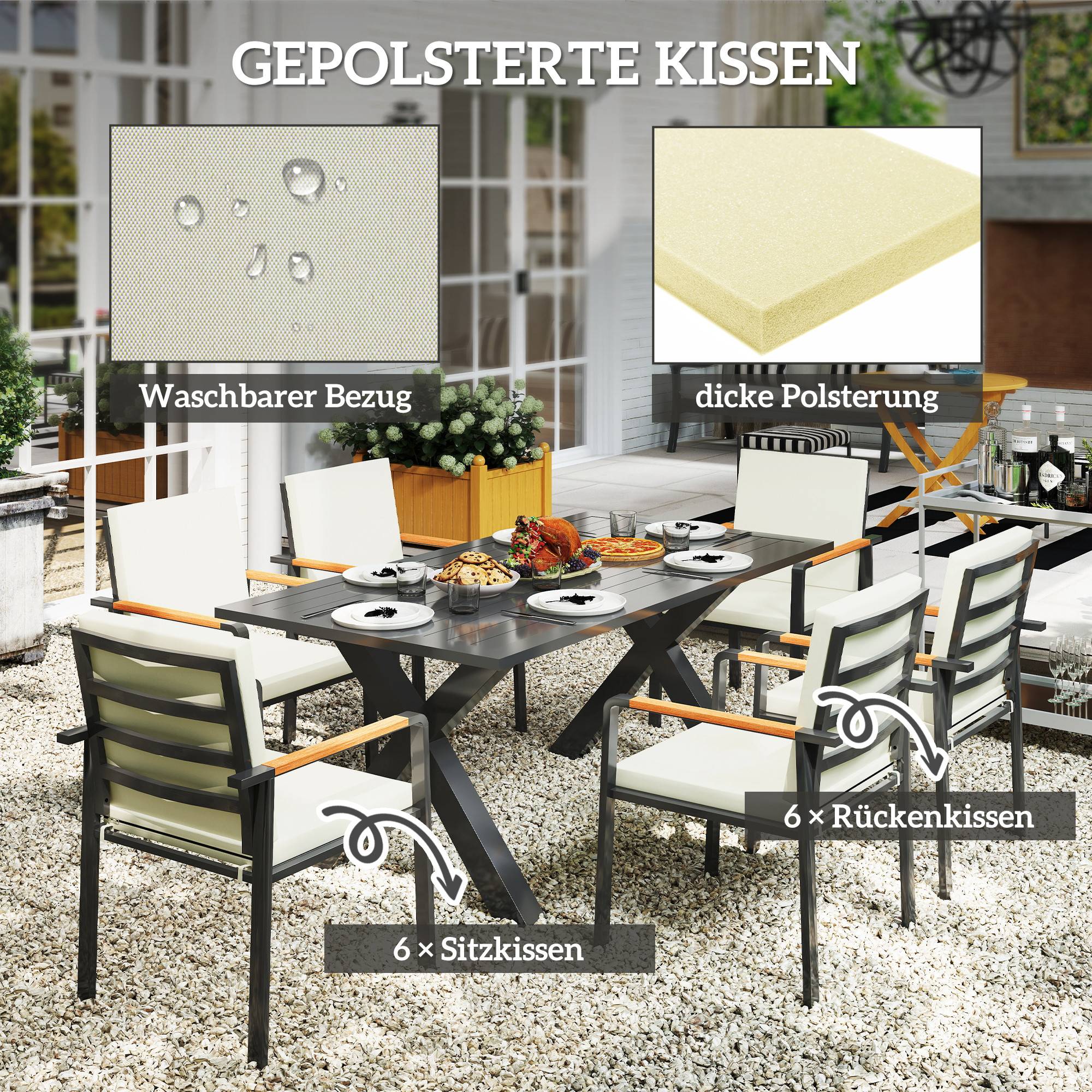 ComfortXL - Salon de jardin aluminium gris 7 pièces 6 places table 175 x 92 cm coussins confort terrasse repas extérieur - Image 4