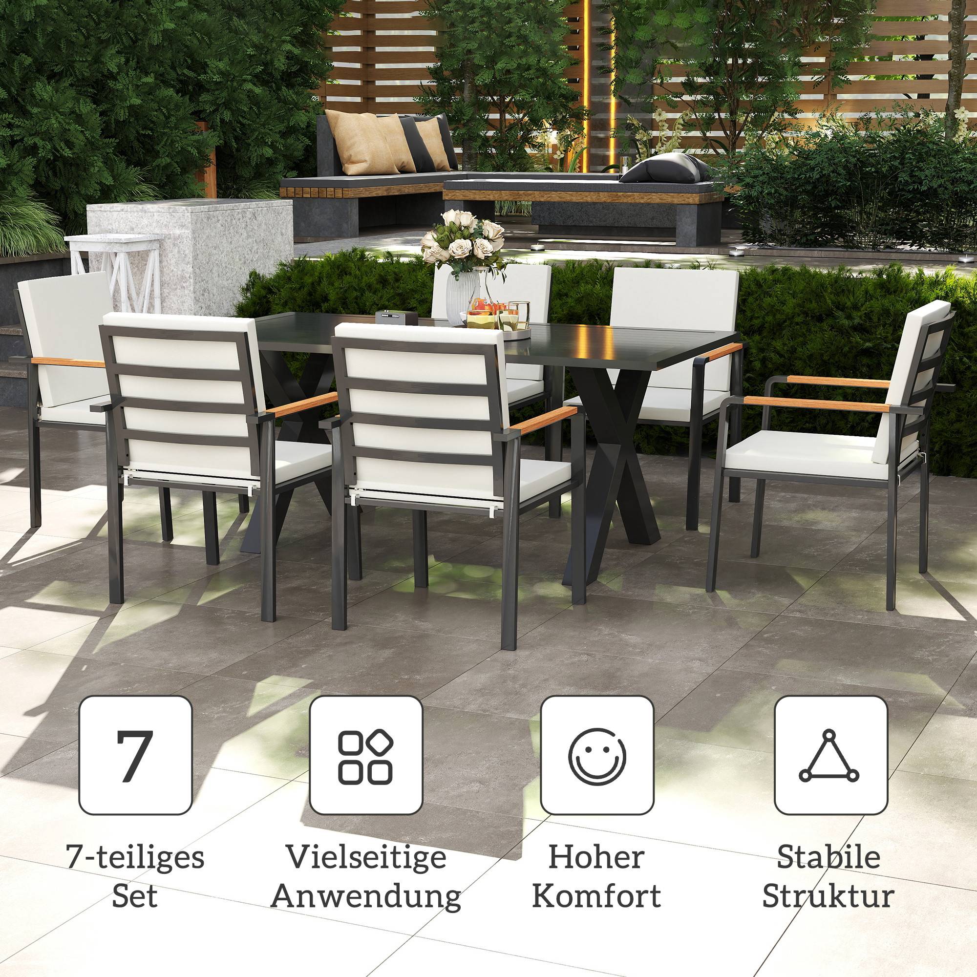 ComfortXL - Salon de jardin aluminium gris 7 pièces 6 places table 175 x 92 cm coussins confort terrasse repas extérieur - Image 7