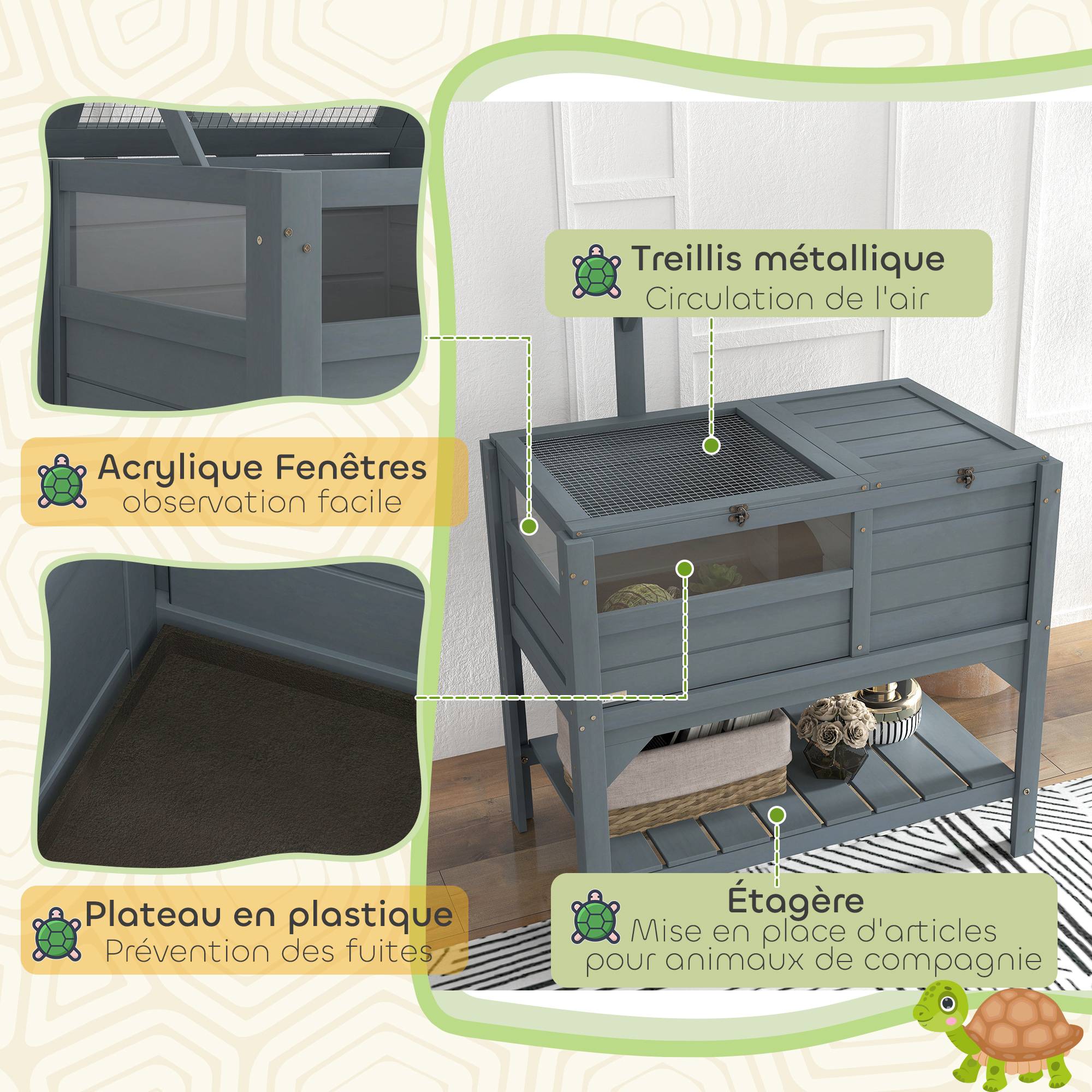 Maison enclos pour tortues sur pieds avec étagère de rangement en bois de sapin - dim. 103H x 84L x 51l cm - Image 9