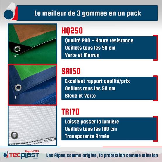 Pack 5 Bâches de Protection imperméables - 2x3m (x2) + 3x5m (x1) HQ250MU / 4x6m (x1) TR170MU / 6x10m (x1) SR150MU -PT2MU TECPLAST - Image 3