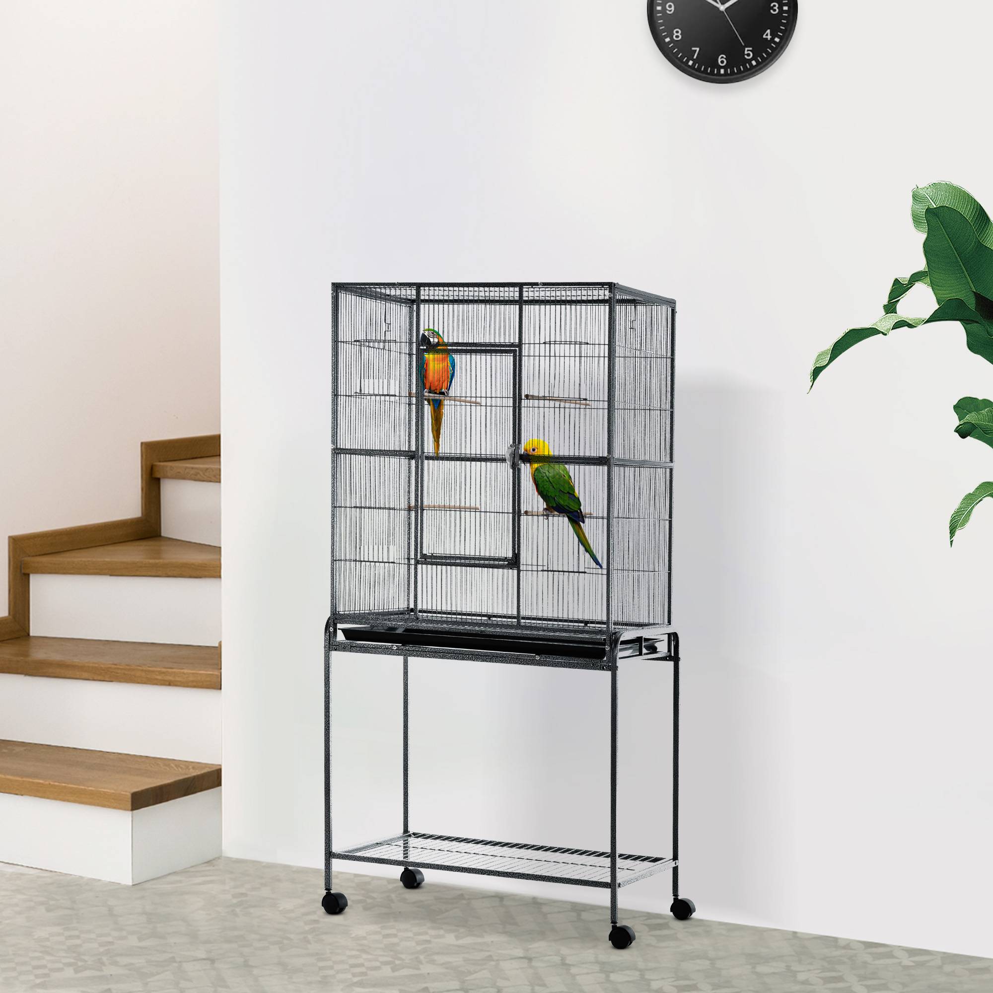 Pawhut - PawHut Cage à Oiseaux Portable avec 4 Mangeoires et 4 Perchoirs Pratique 81 x 48 x 163 cm Noir et Gris - Imagen 4