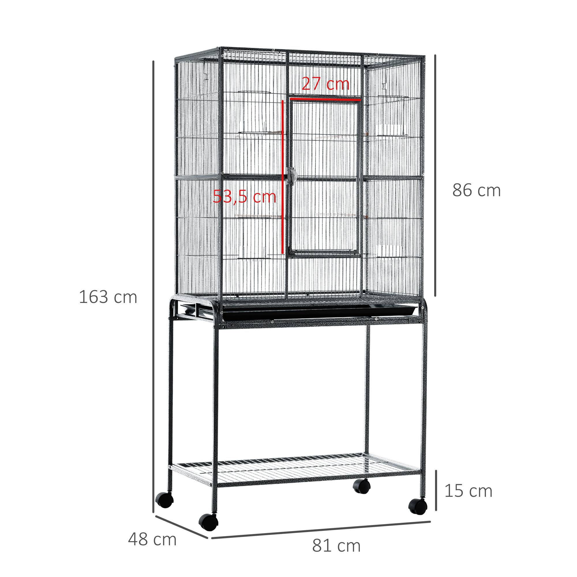 Pawhut - PawHut Cage à Oiseaux Portable avec 4 Mangeoires et 4 Perchoirs Pratique 81 x 48 x 163 cm Noir et Gris - Imagen 3