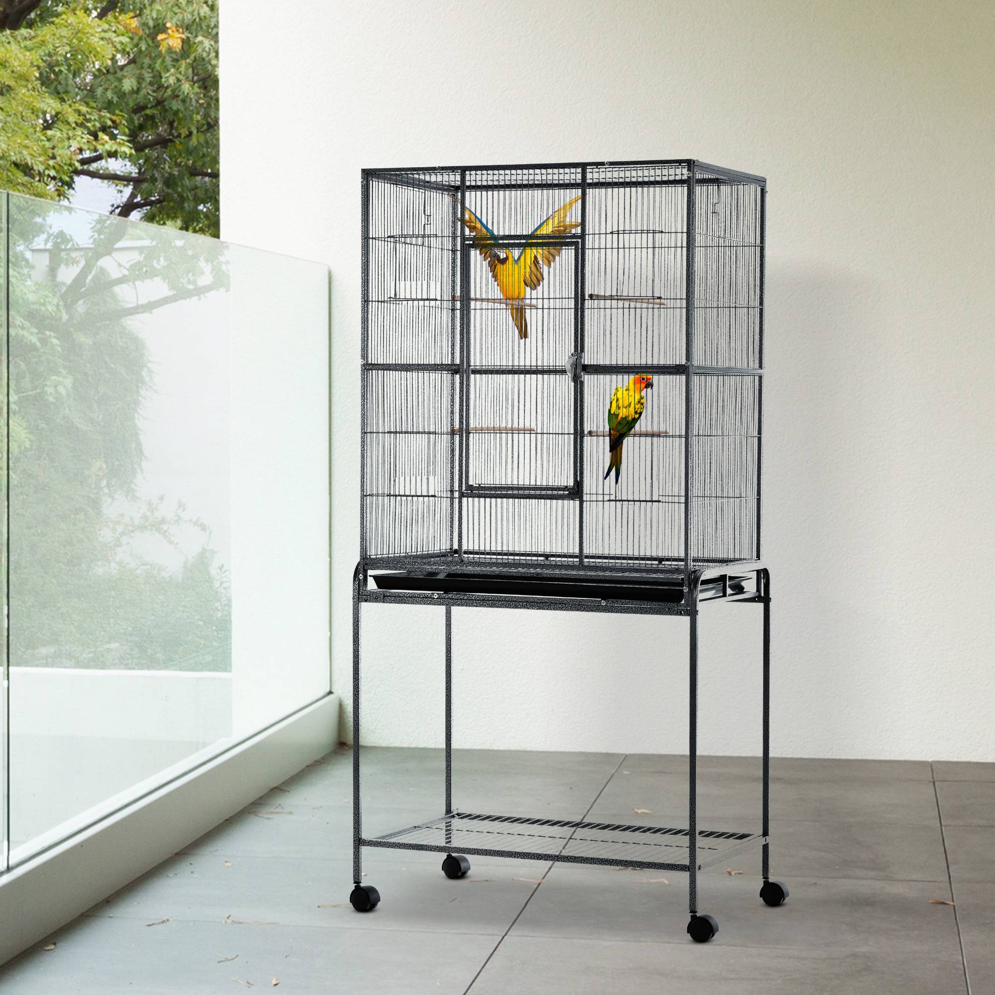 Pawhut - PawHut Cage à Oiseaux Portable avec 4 Mangeoires et 4 Perchoirs Pratique 81 x 48 x 163 cm Noir et Gris - Imagen 2