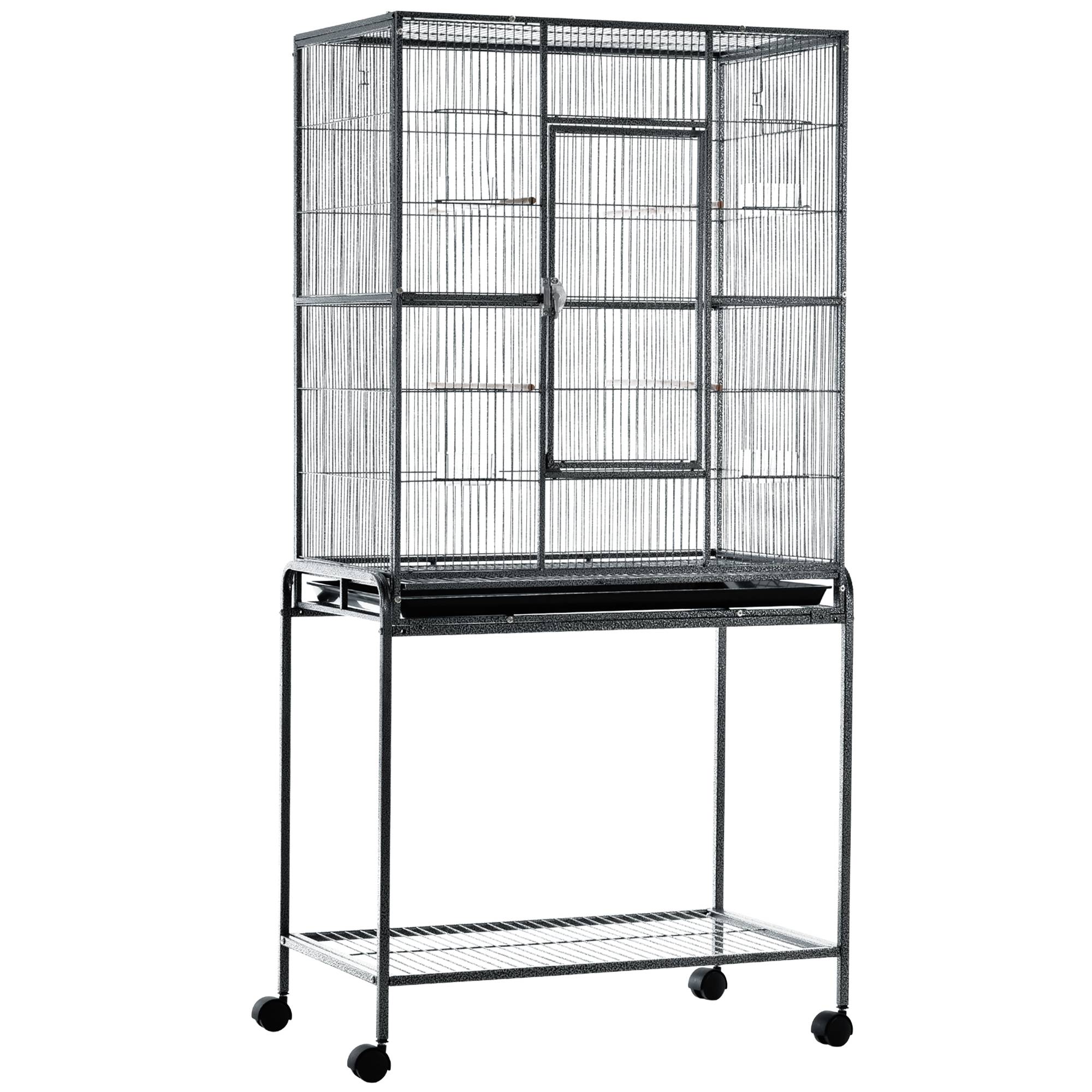 Pawhut - PawHut Cage à Oiseaux Portable avec 4 Mangeoires et 4 Perchoirs Pratique 81 x 48 x 163 cm Noir et Gris - Imagen 1