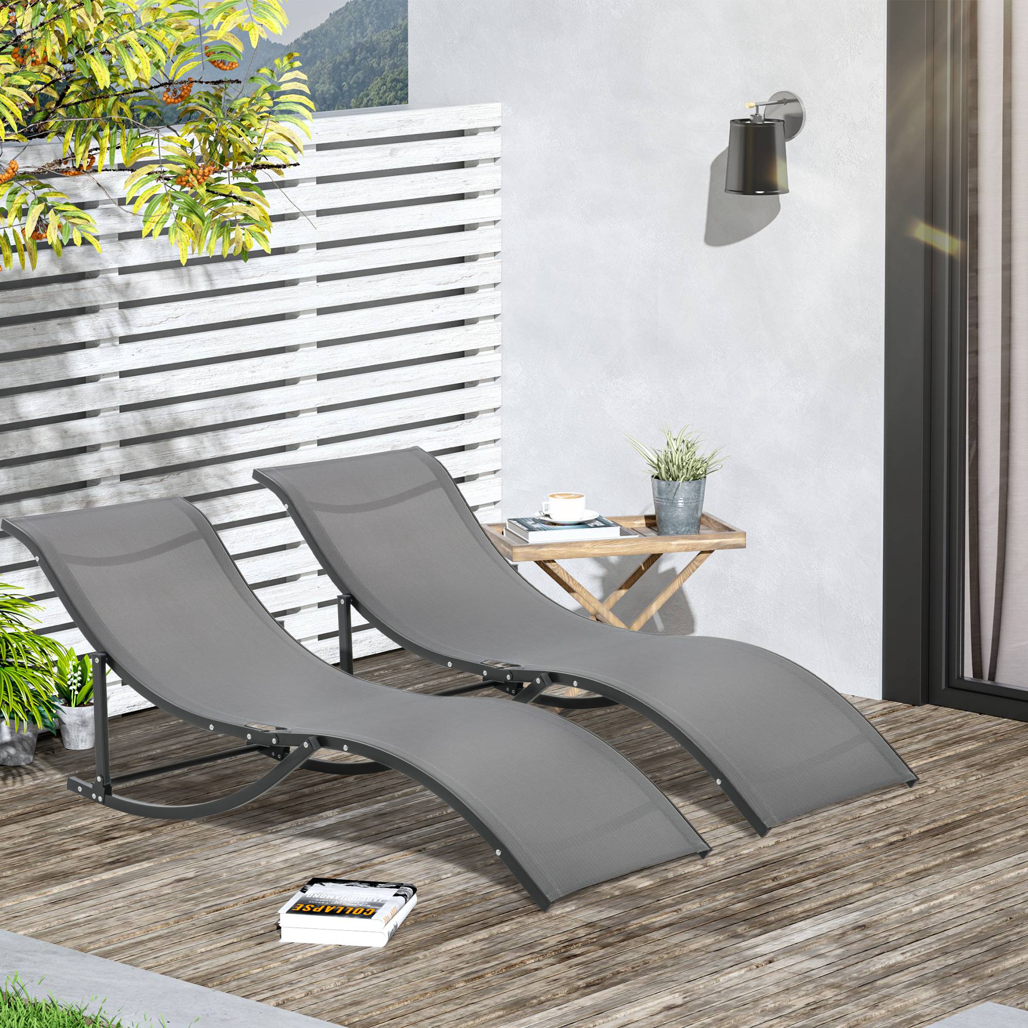 Sans Marque - Lot de 2 bains de soleil pliables, chaise longue jardin extérieur en aluminium et textilène anthracite - Image 3