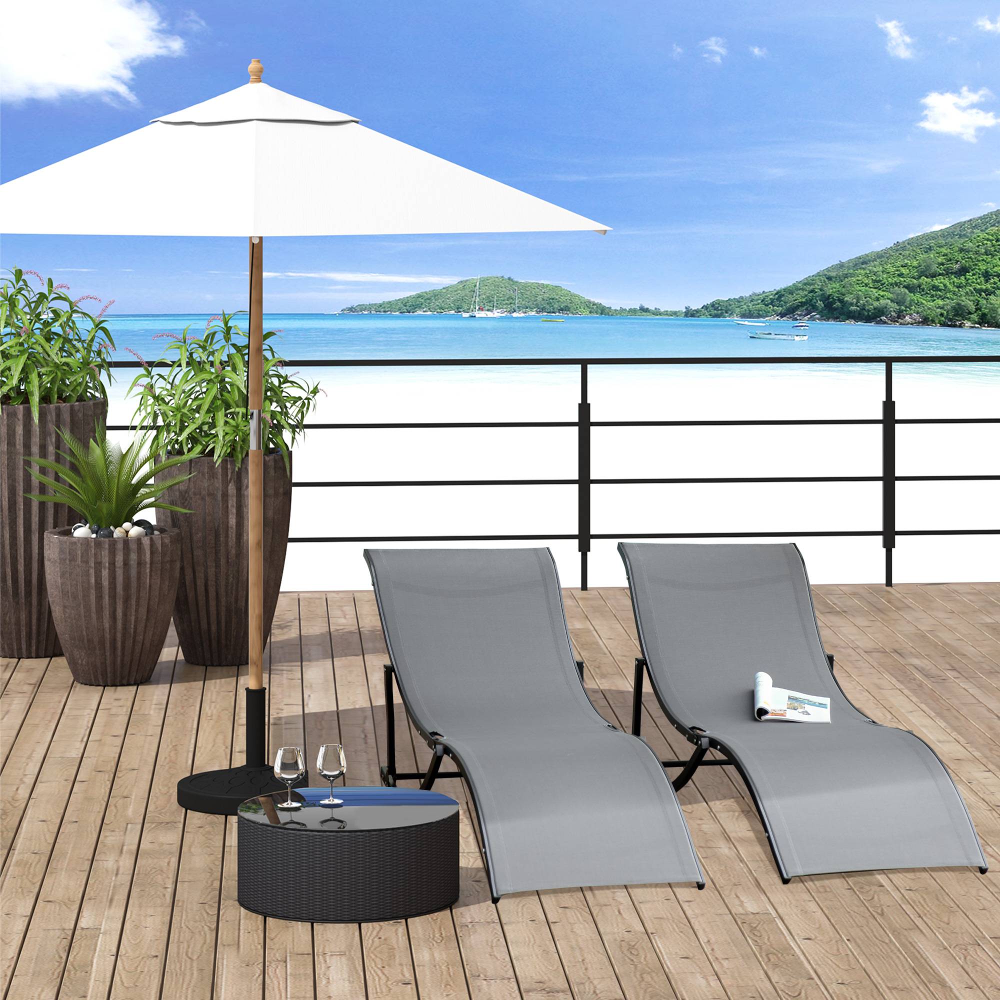 Sans Marque - Lot de 2 bains de soleil pliables, chaise longue jardin extérieur en aluminium et textilène anthracite - Image 4