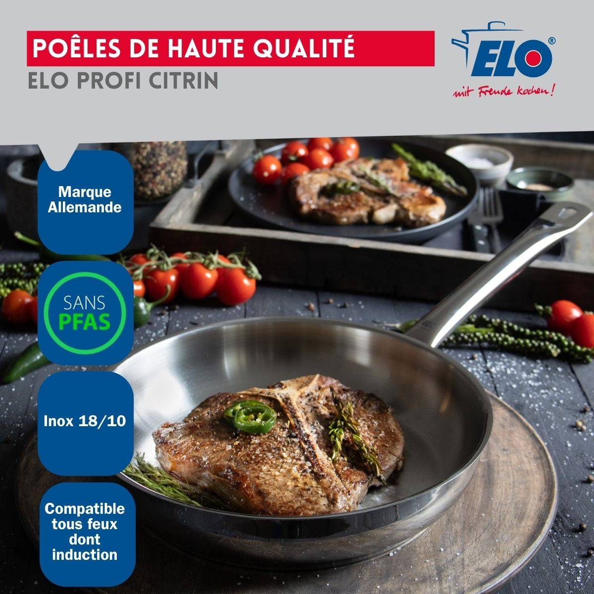 Ensemble de 3 Poêles de cuisson 24, 28 et 32 cm et 1 faitout 14 cm Elo Profi Citrin - Image 5