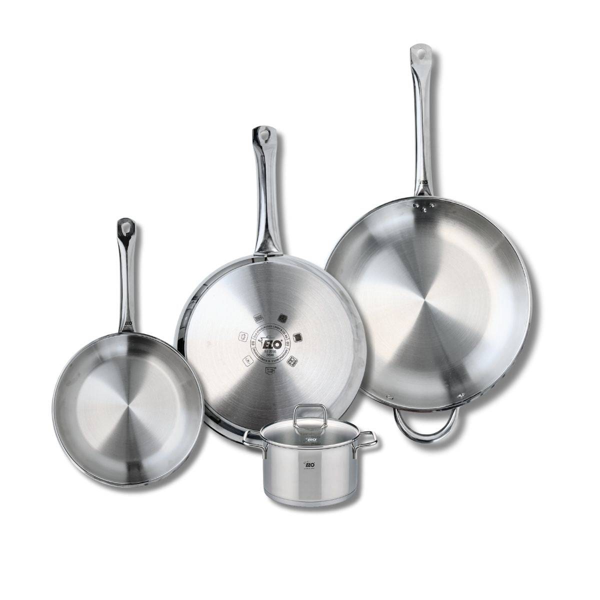 Ensemble de 3 Poêles de cuisson 24, 28 et 32 cm et 1 faitout 14 cm Elo Profi Citrin - Image 1