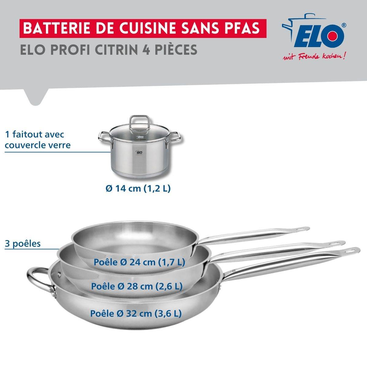 Ensemble de 3 Poêles de cuisson 24, 28 et 32 cm et 1 faitout 14 cm Elo Profi Citrin - Image 2