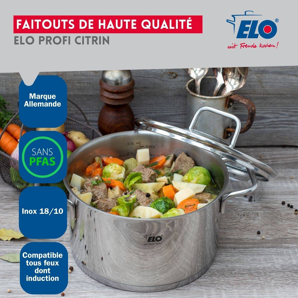 Ensemble de 3 Poêles de cuisson 24, 28 et 32 cm et 1 faitout 14 cm Elo Profi Citrin - Image 4