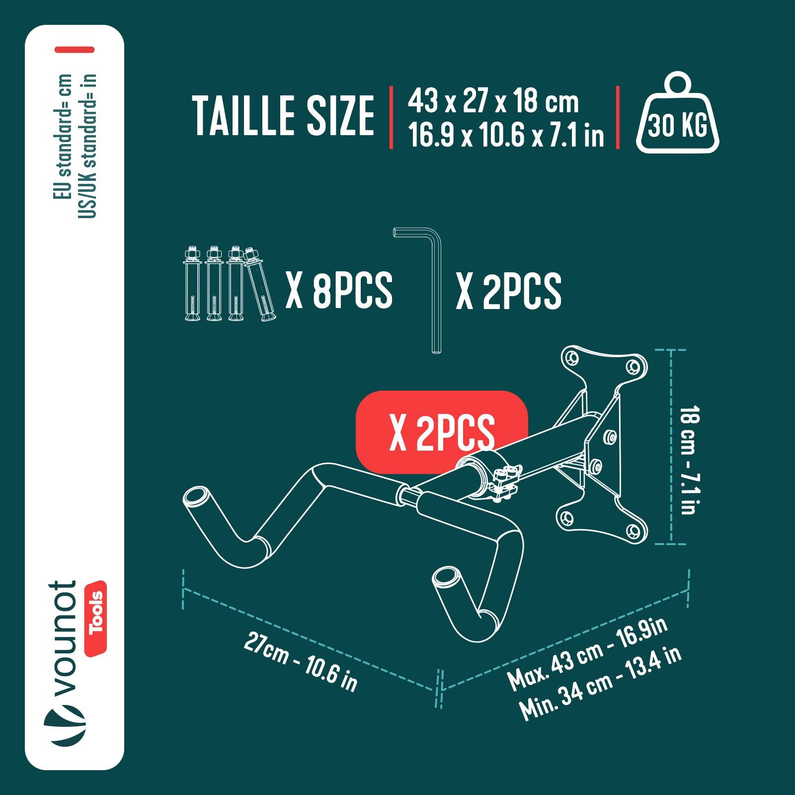 Vounot - Lot de 2 Supports muraux pour vélos réglables et pliables - Métal - Charge max 30kg - Noir - VOUNOT® - Image 3
