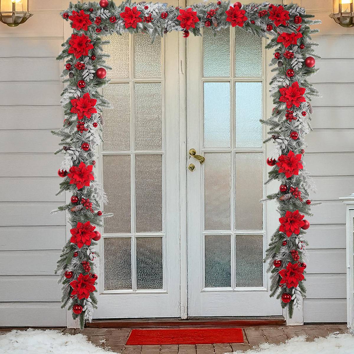 Vignes floquées de 1,2 m, couronne suspendue de décoration de Noël, couronne de pin simulé, adaptée aux portes d'entrée et aux fenêtres. - Image 4