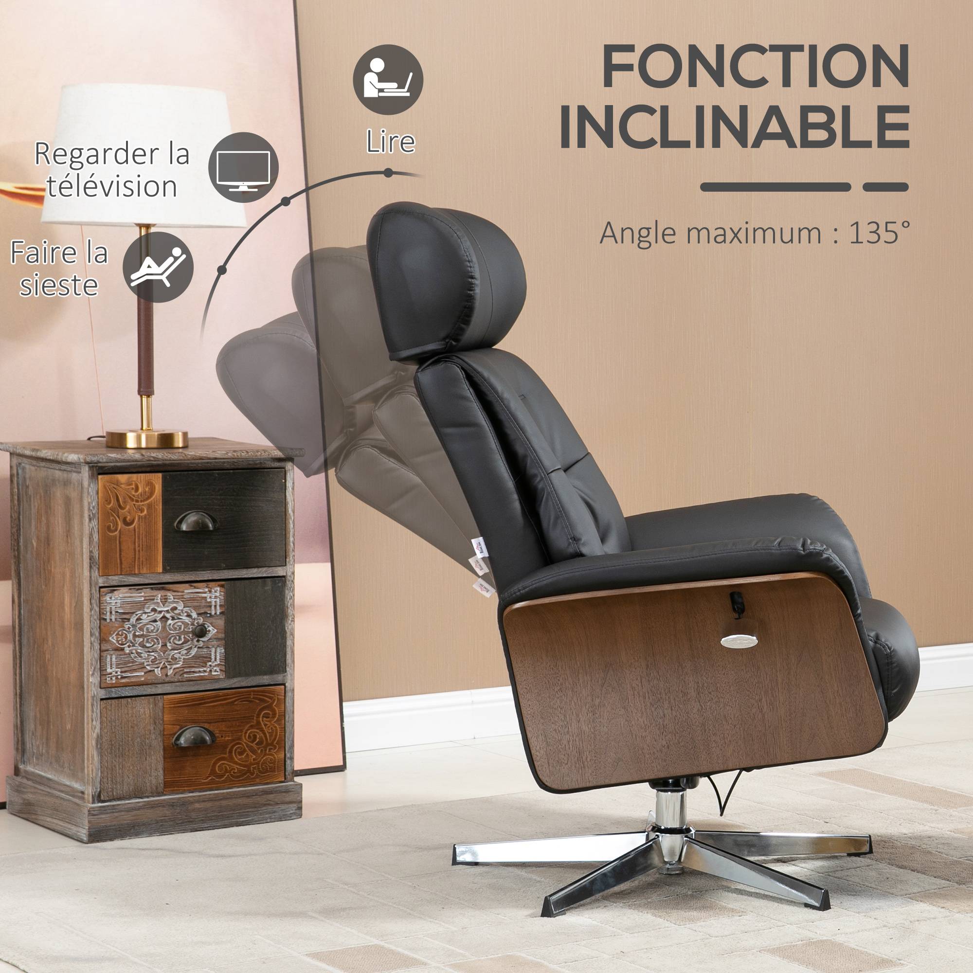 Sans Marque - Fauteuil relax avec repose-pied, fauteuil de relaxation avec dossier inclinable, têtière réglable, 80x84x108cm, noir - Image 6