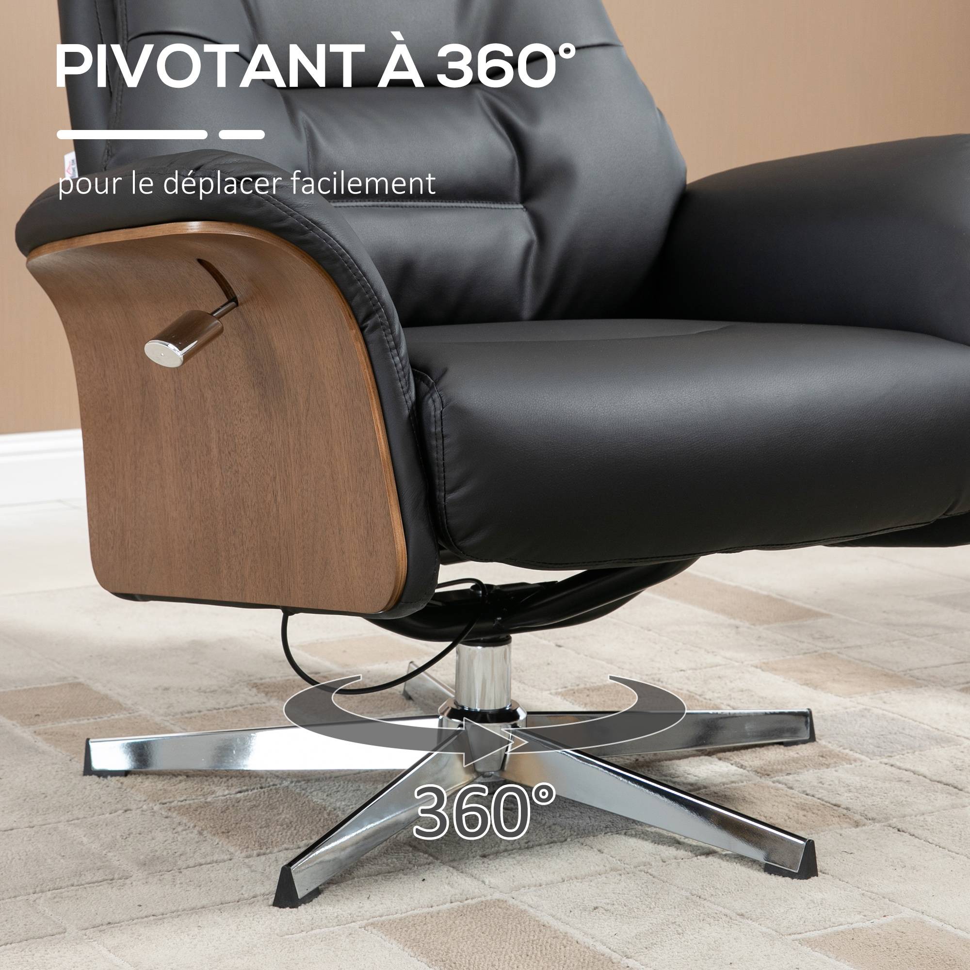 Sans Marque - Fauteuil relax avec repose-pied, fauteuil de relaxation avec dossier inclinable, têtière réglable, 80x84x108cm, noir - Image 9