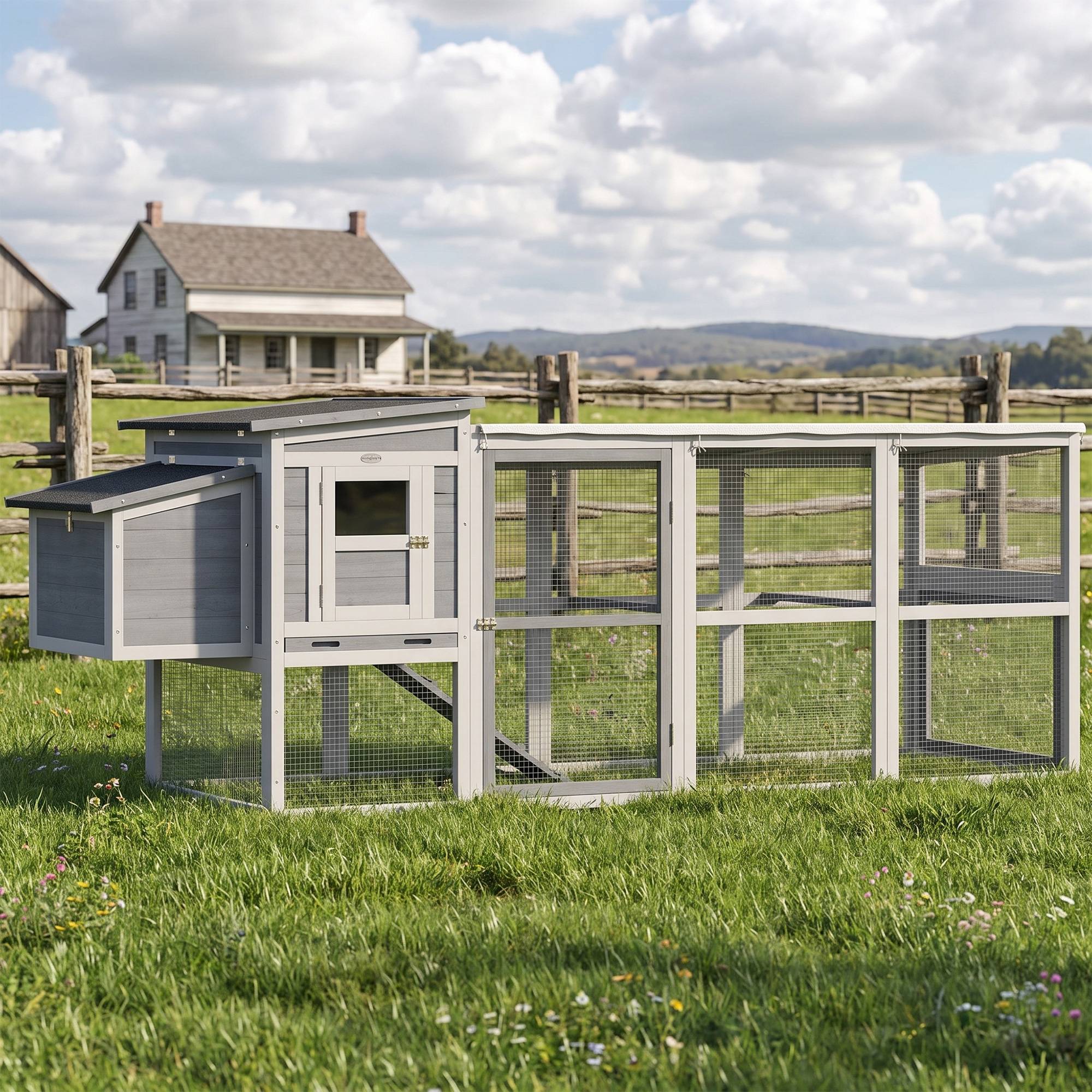 Poulailler pour 3-4 poules avec enclos, pondoir, toit asphalte, bâche Oxford, tiroir, 264x82x89cm gris