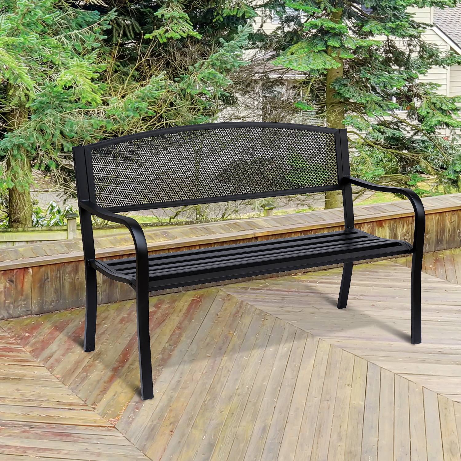 ComfortXL - Banc de jardin acier noir 127 x 60 x 87 cm terrasse extérieur 2 places robuste avec dossier ajouré design - Image 1