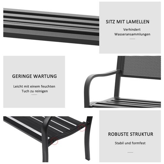 ComfortXL - Banc de jardin acier noir 127 x 60 x 87 cm terrasse extérieur 2 places robuste avec dossier ajouré design - Image 5