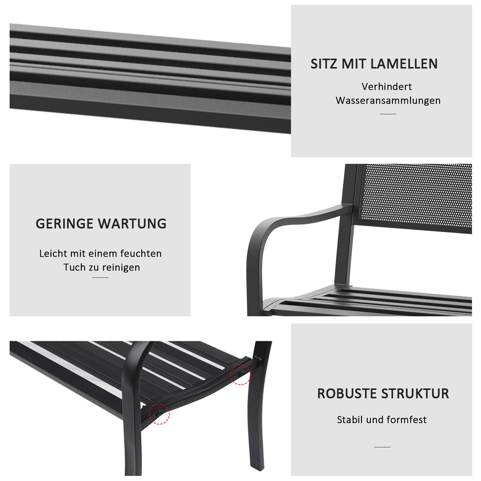 ComfortXL - Banc de jardin acier noir 127 x 60 x 87 cm terrasse extérieur 2 places robuste avec dossier ajouré design - Image 5