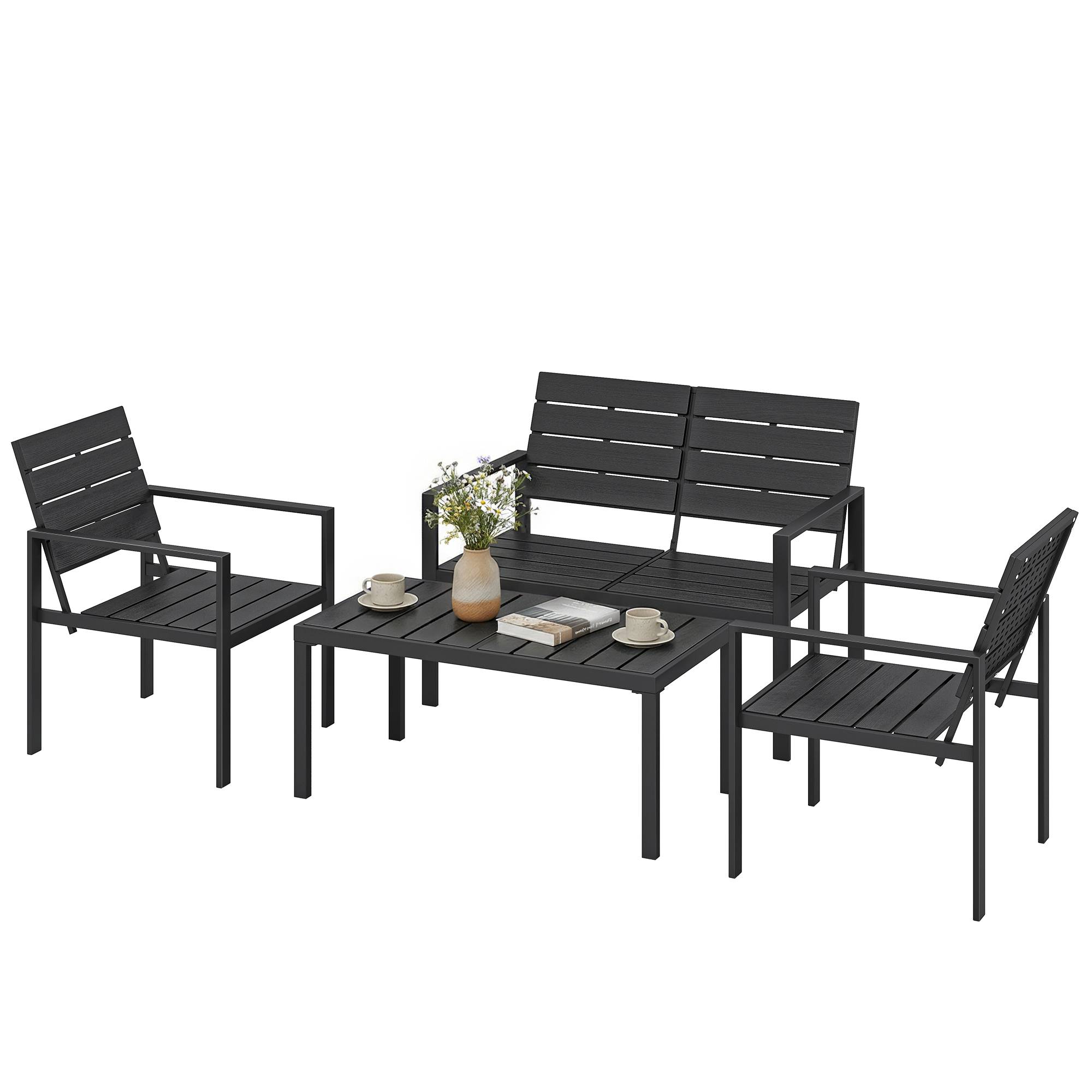 Maison Chic - Salon de jardin extérieur 4 pièces canapé 2 places, 2 chaises et table basse, mobilier de jardin terrasse veranda, noir