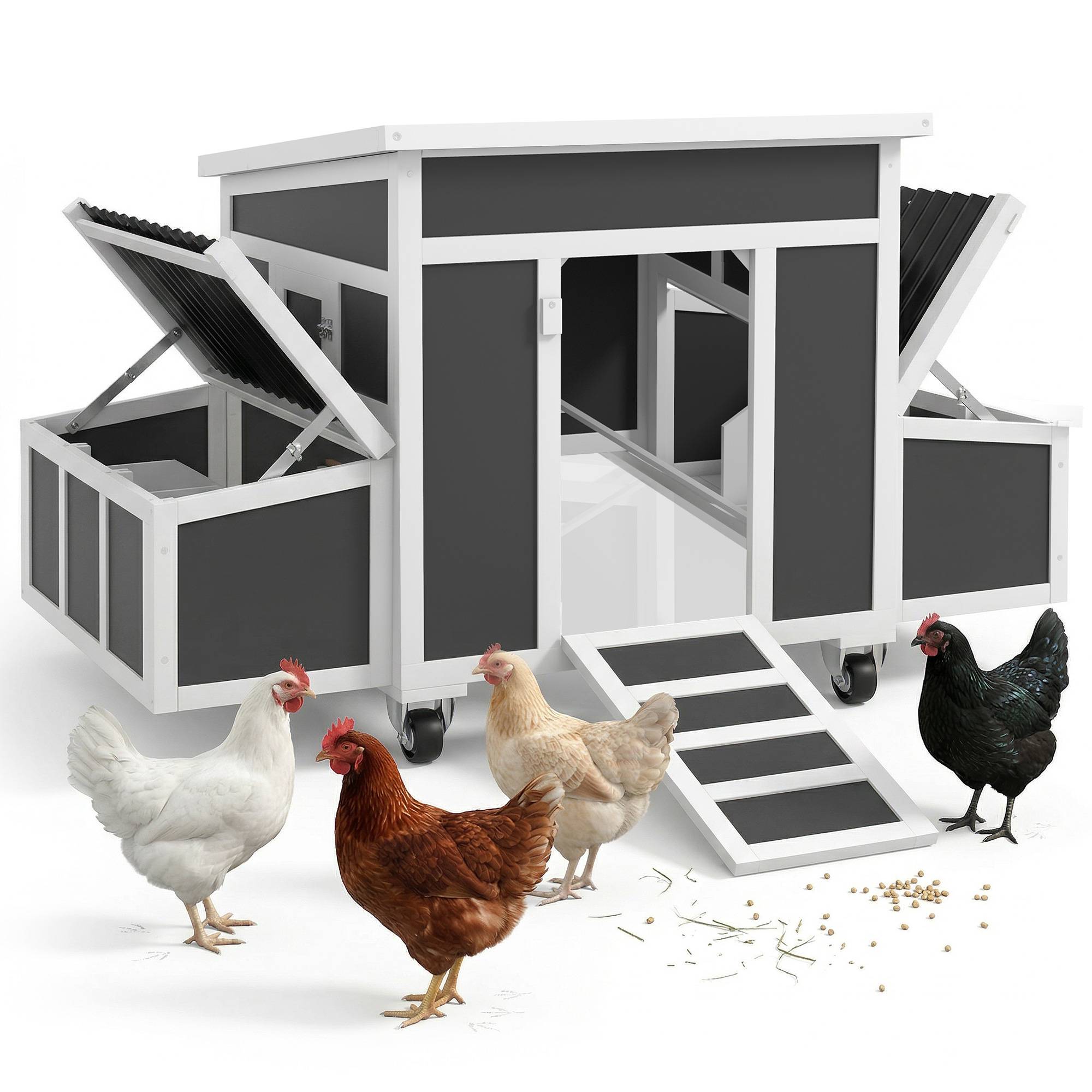 Poulailler bois pour 2-4 poules, 2 nichoirs de couvée, toit ouvrant et bac extractible, gris foncé