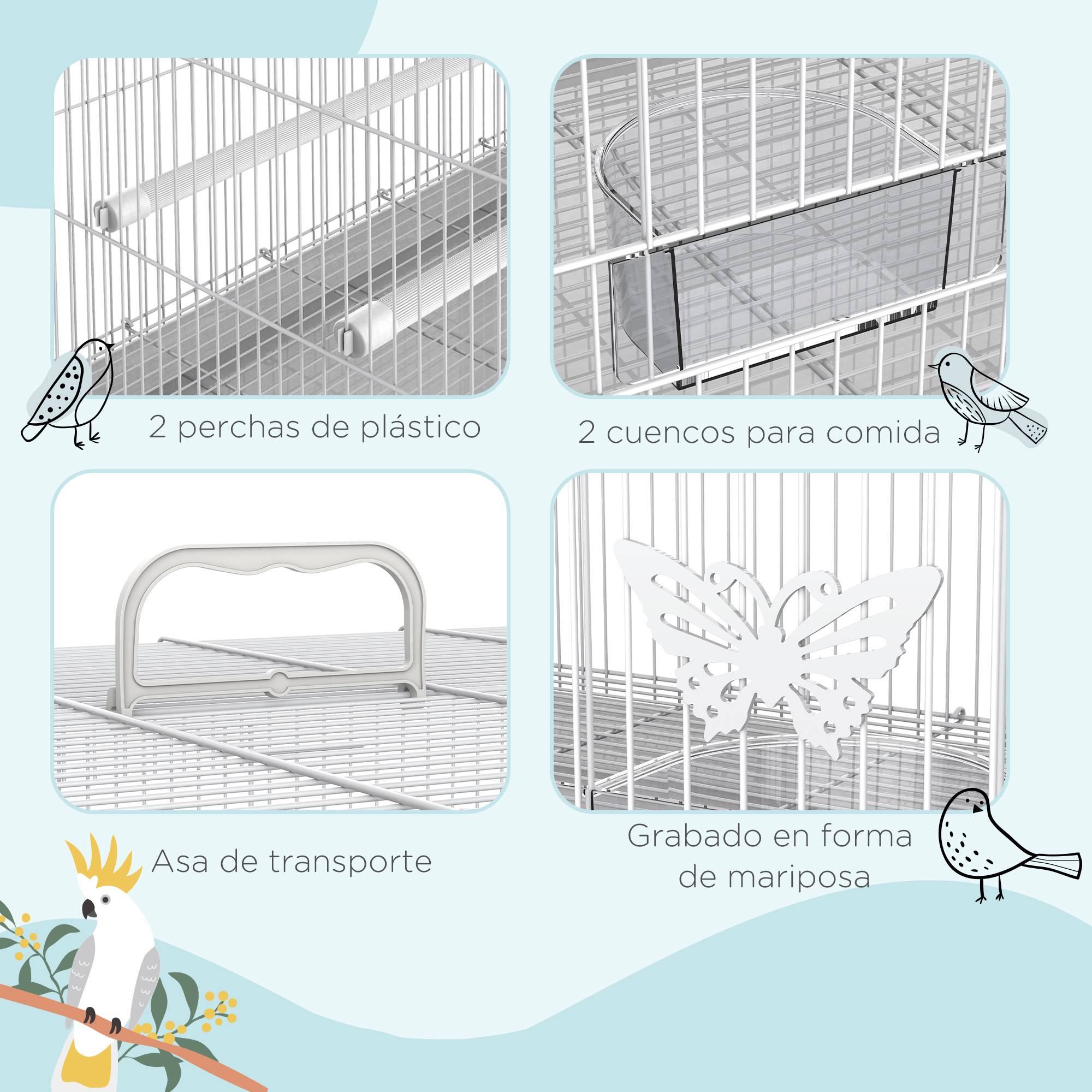 Cage pour oiseaux 60x41x41 cm, volière métallique avec mangeoires, 2 perchoirs, 3 portes et poignée, blanche - Image 8