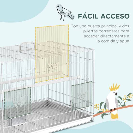 Cage pour oiseaux 60x41x41 cm, volière métallique avec mangeoires, 2 perchoirs, 3 portes et poignée, blanche - Image 6