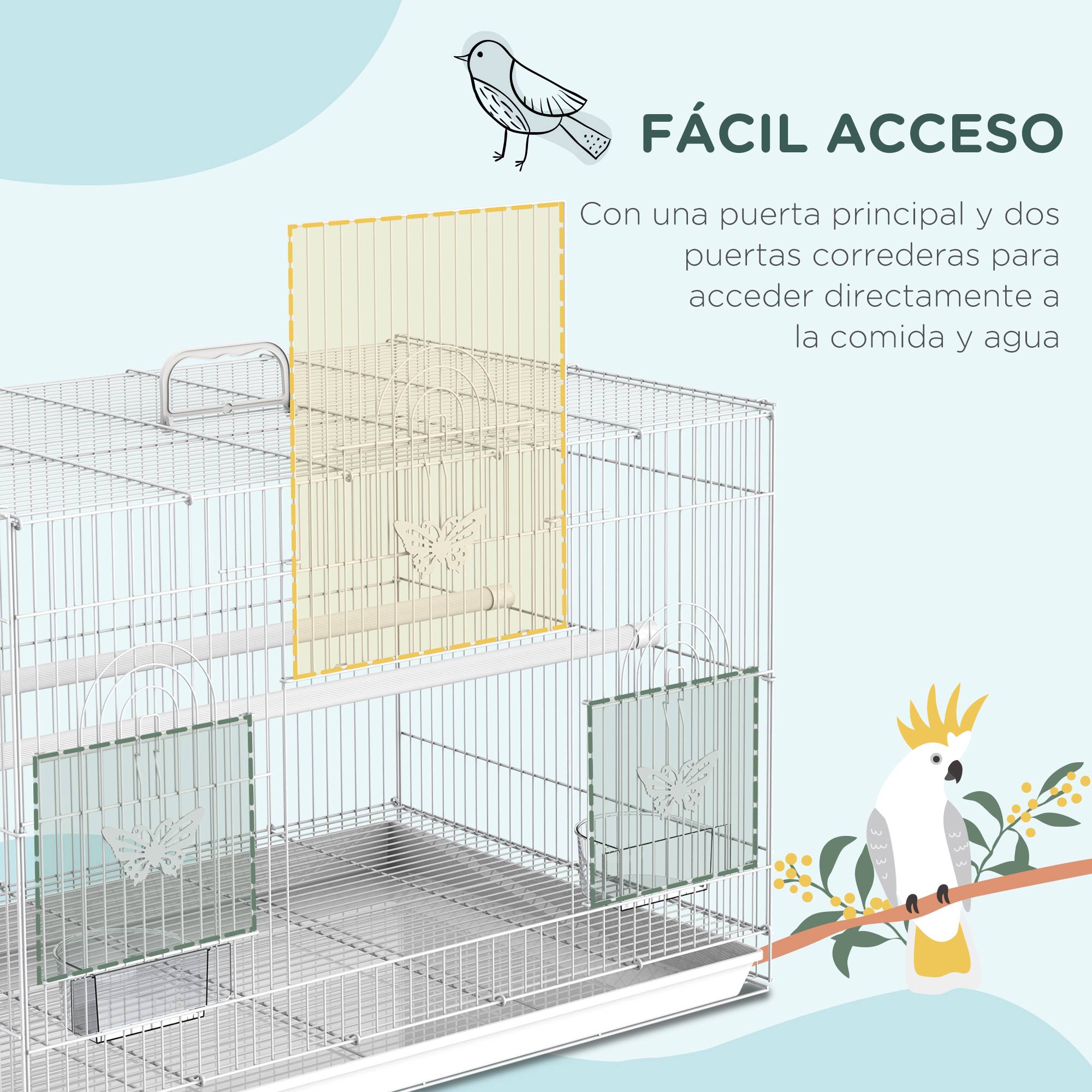 Cage pour oiseaux 60x41x41 cm, volière métallique avec mangeoires, 2 perchoirs, 3 portes et poignée, blanche - Image 6
