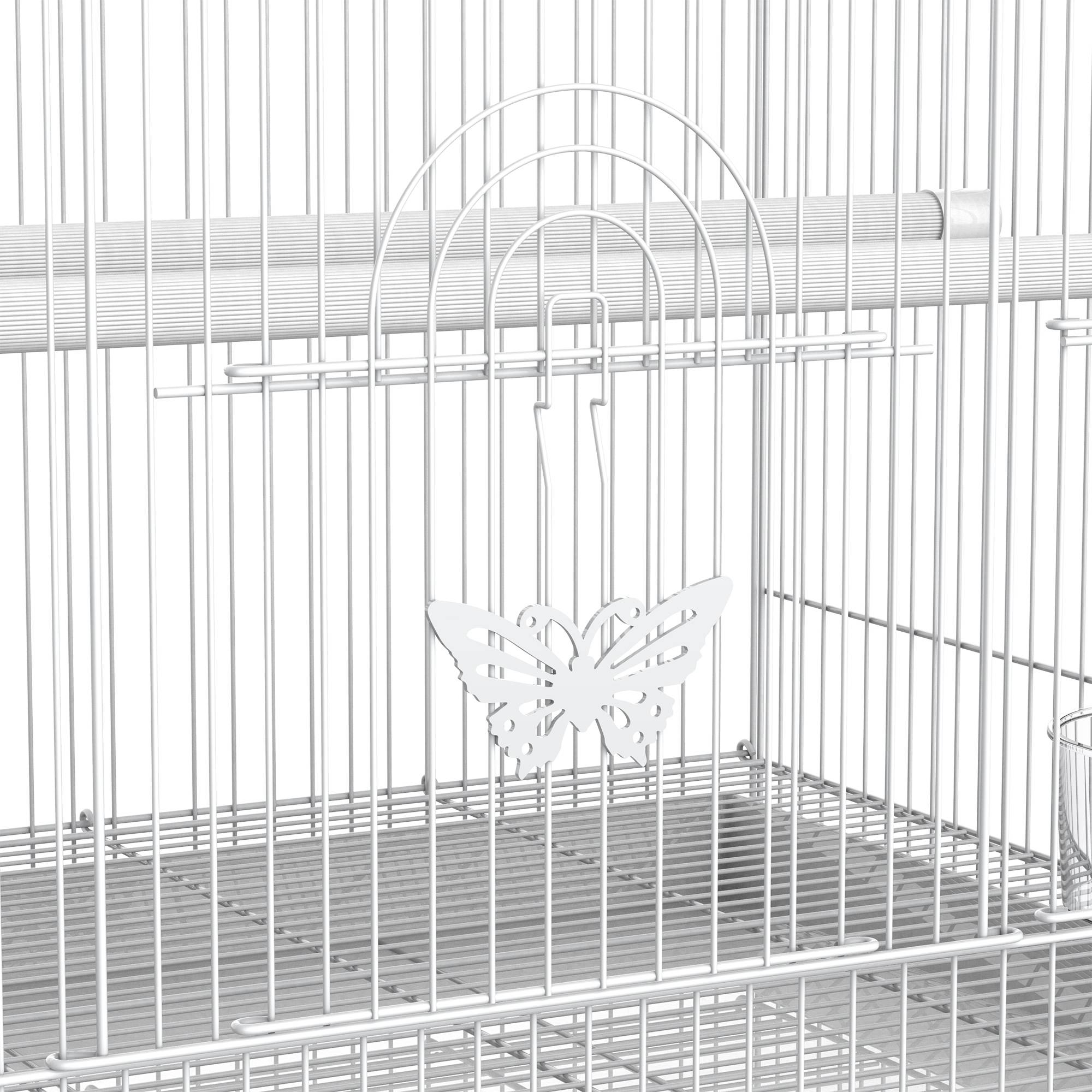 Cage pour oiseaux 60x41x41 cm, volière métallique avec mangeoires, 2 perchoirs, 3 portes et poignée, blanche - Image 9