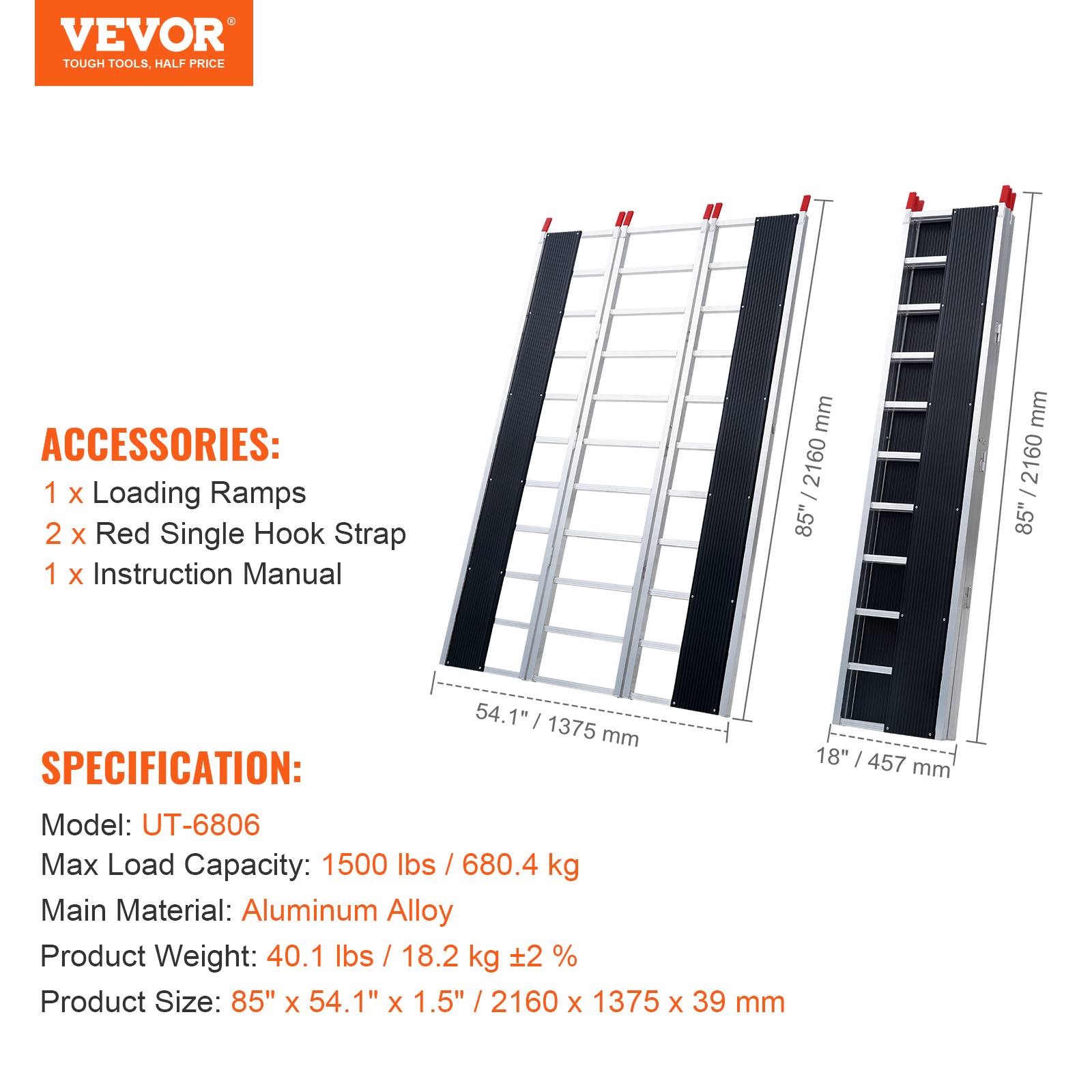 VEVOR Rampes pliables aluminium extra larges 85"x54", capacité 1500 lb, 3 pièces pour moto, VTT, tracteur, tondeuse. - Image 7