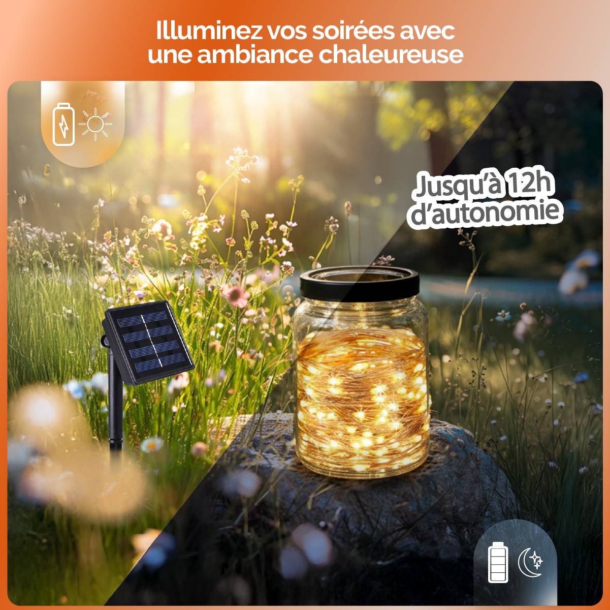 Guirlande solaire extérieur lumineuse jardin, terrasse - Ampoules LED 8 modes - 22 m - Blanc chaud - Linxor - Image 4