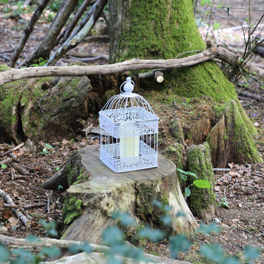 Cage à oiseaux décorative ancienne métal blanc 18x18x40cm Chemin de campagne - Imagen 4