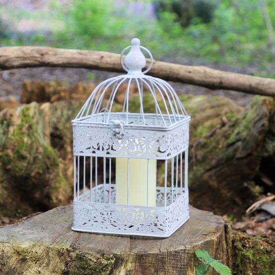 Cage à oiseaux décorative ancienne métal blanc 18x18x40cm Chemin de campagne - Imagen 3