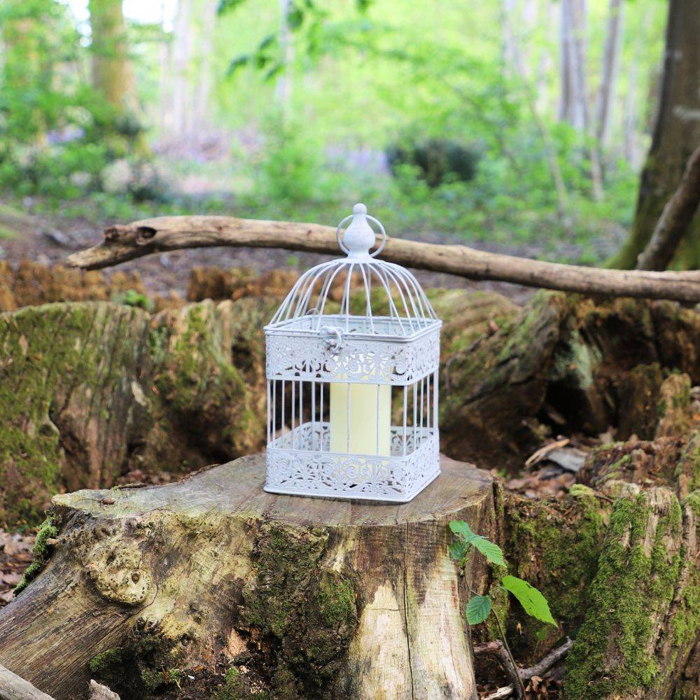 Cage à oiseaux décorative ancienne métal blanc 18x18x40cm Chemin de campagne - Imagen 2