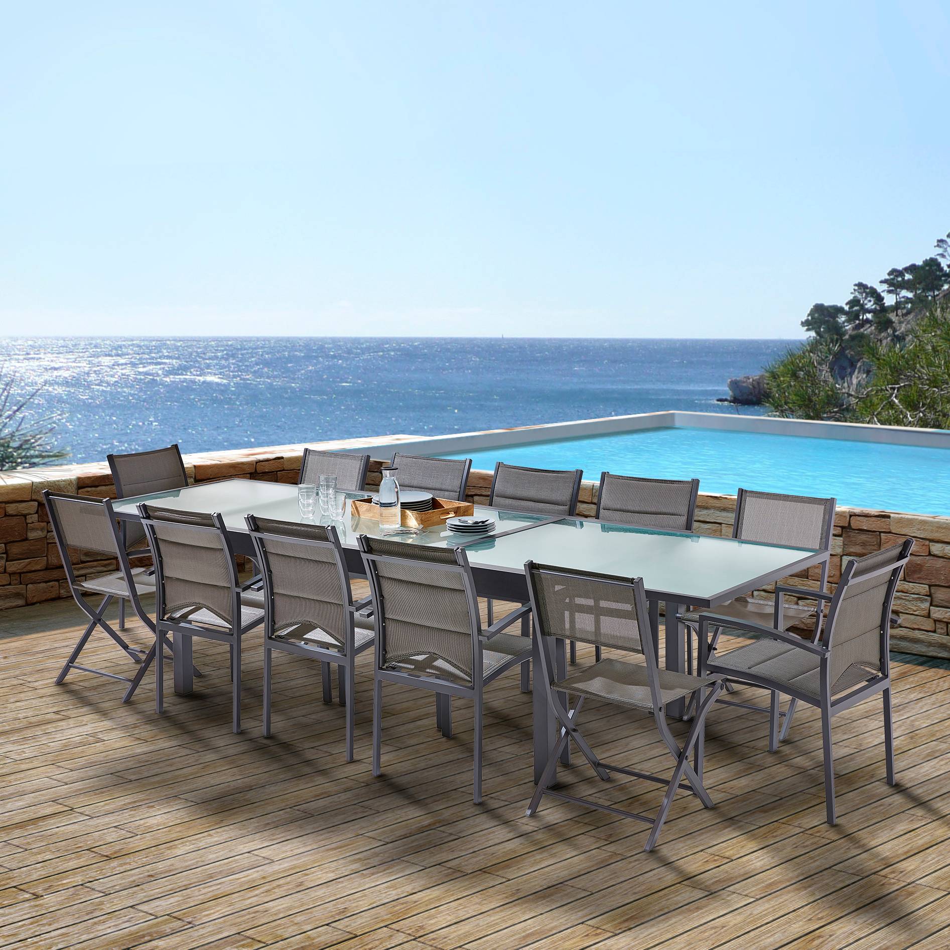 Wilsa Garden - Ensemble MODULO 8/12p en aluminium gris et verre transparent et 8 fauteuils et 4 chaises pliantes - Imagen 2