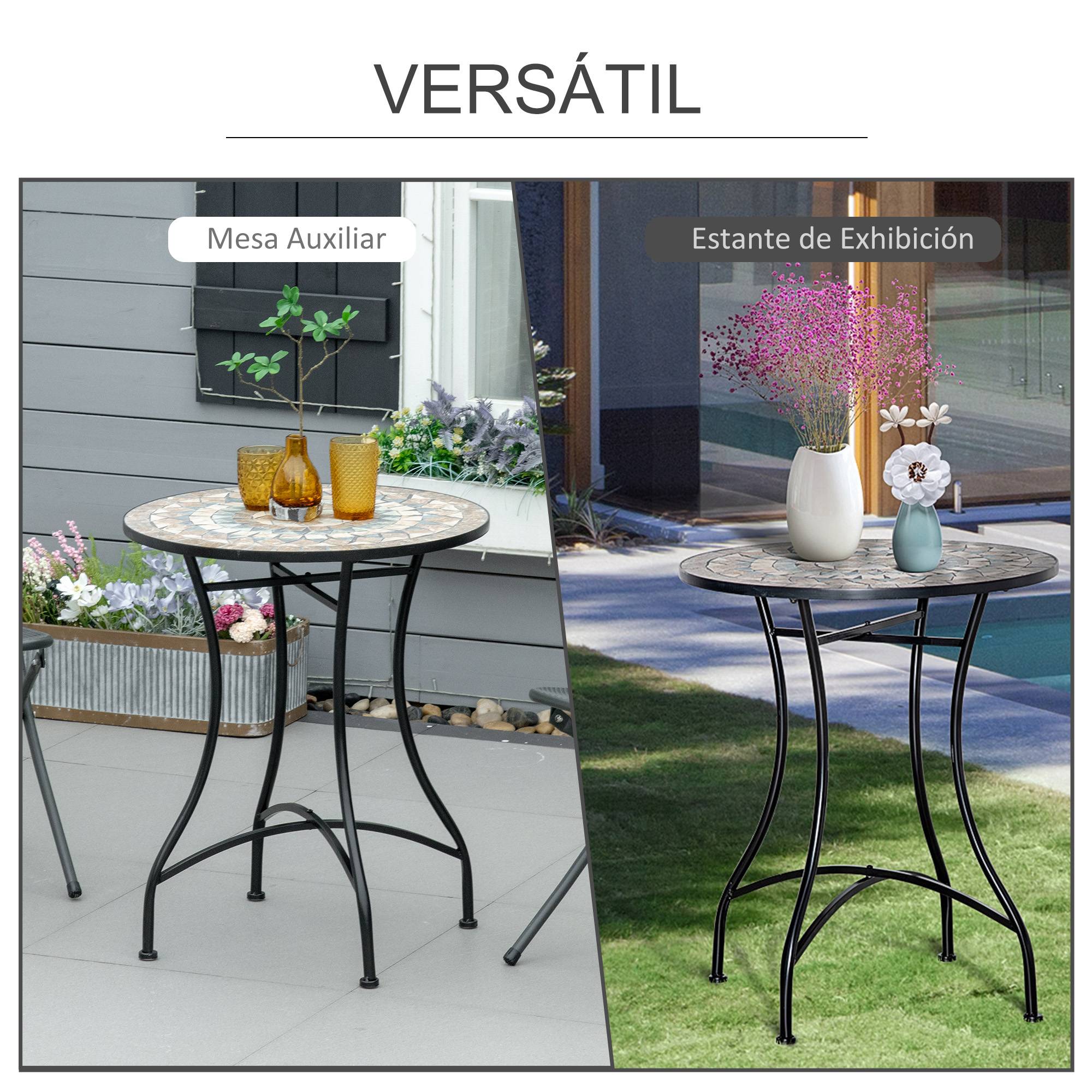 Table d'appoint jardin métal céramique extérieur plateau mosaïque 60x71cm noir - ComfortXL Outdoor Living - Image 8