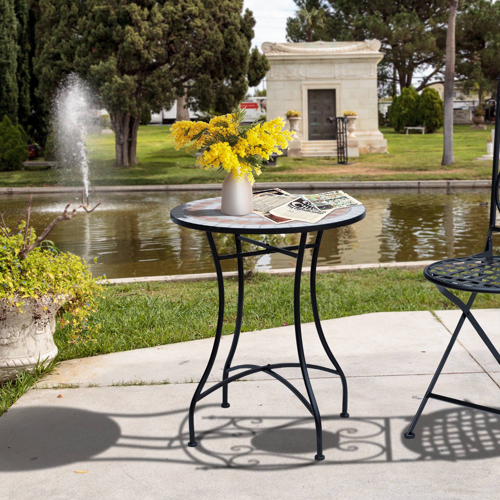 Table d'appoint jardin métal céramique extérieur plateau mosaïque 60x71cm noir - ComfortXL Outdoor Living - Image 4