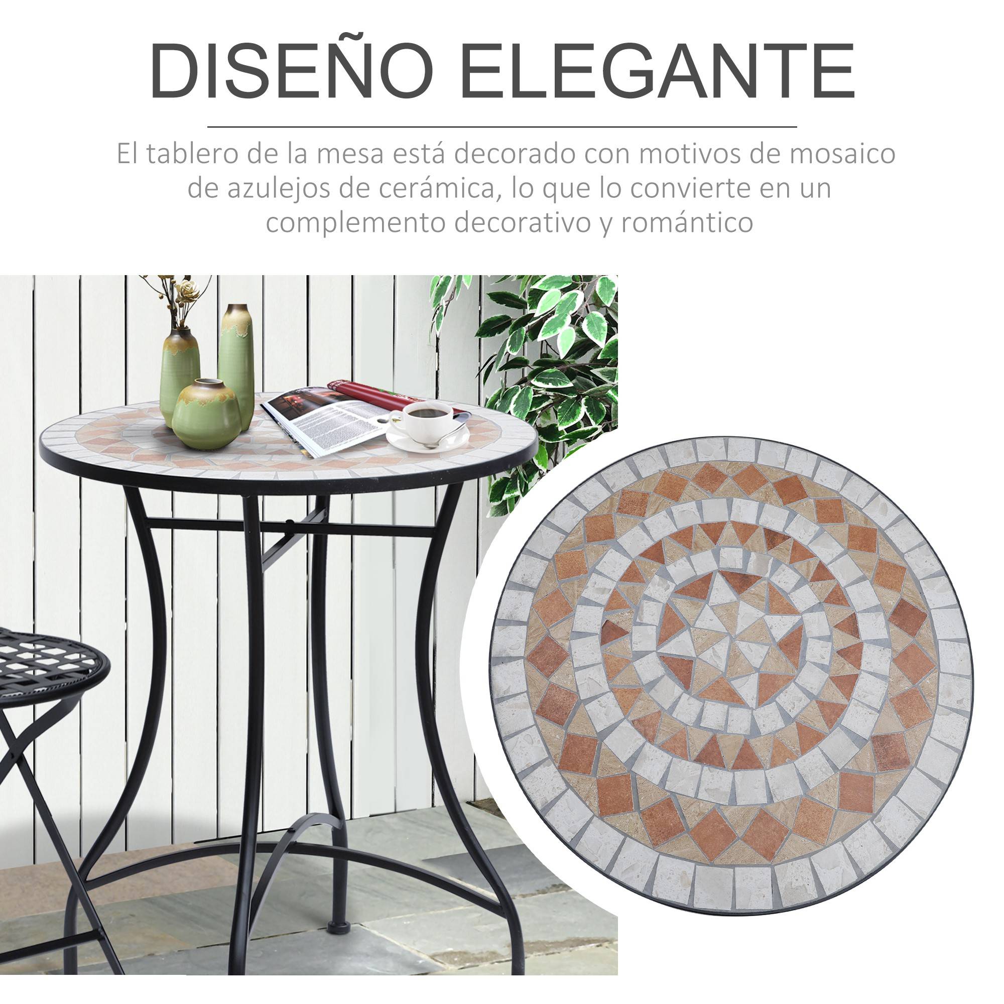 Table d'appoint jardin métal céramique extérieur plateau mosaïque 60x71cm noir - ComfortXL Outdoor Living - Image 7