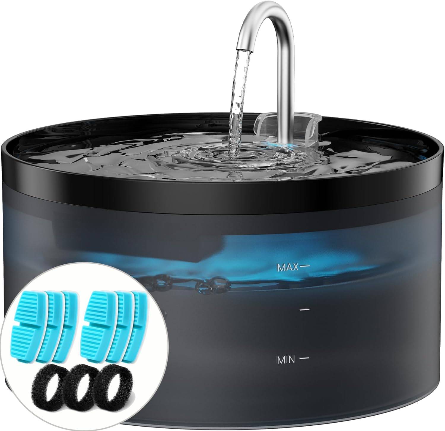 Fontaine à Eau de 3,2L pour Chat noir, 6 Pièces Filtre à Charbon + 3 Pièces Éponges