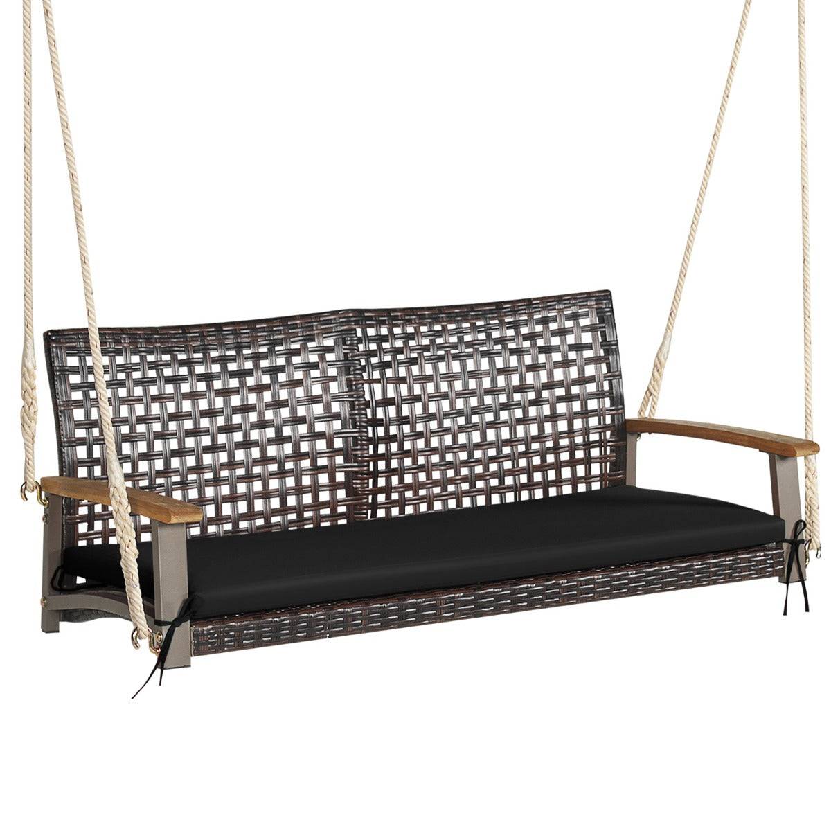 Helloshop26 - Banc suspendu de jardin en rotin 2 place accoudoirs en bois d'acacia cadre en métal coussin cordes crochets noir - Imagen 1
