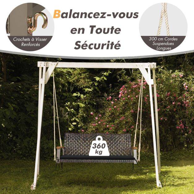 Helloshop26 - Banc suspendu de jardin en rotin 2 place accoudoirs en bois d'acacia cadre en métal coussin cordes crochets noir - Imagen 4