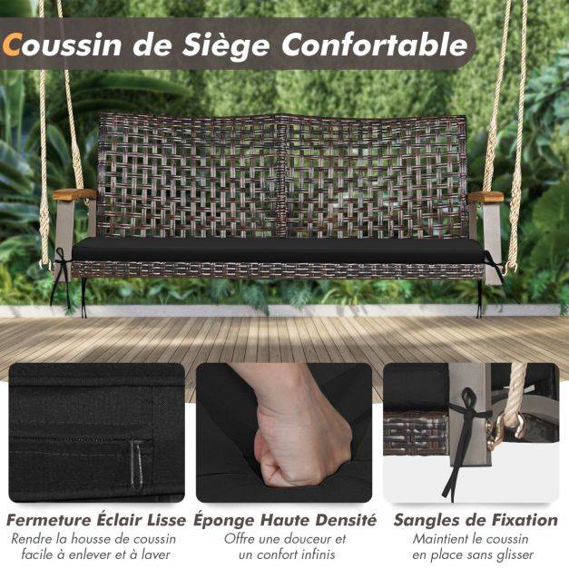 Helloshop26 - Banc suspendu de jardin en rotin 2 place accoudoirs en bois d'acacia cadre en métal coussin cordes crochets noir - Imagen 2