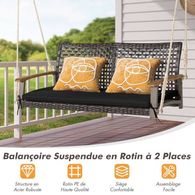 Helloshop26 - Banc suspendu de jardin en rotin 2 place accoudoirs en bois d'acacia cadre en métal coussin cordes crochets noir - Imagen 3