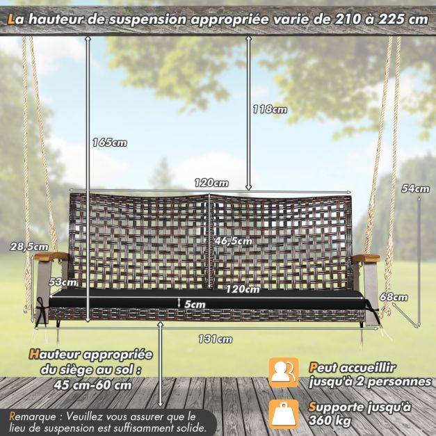 Helloshop26 - Banc suspendu de jardin en rotin 2 place accoudoirs en bois d'acacia cadre en métal coussin cordes crochets noir - Imagen 5